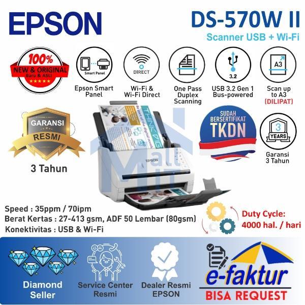Scanner Epson WorkForce DS-570W II DS 570WII DS570W II DS570WII A4 F4 Legal Duplex ADF WiFi Wireless