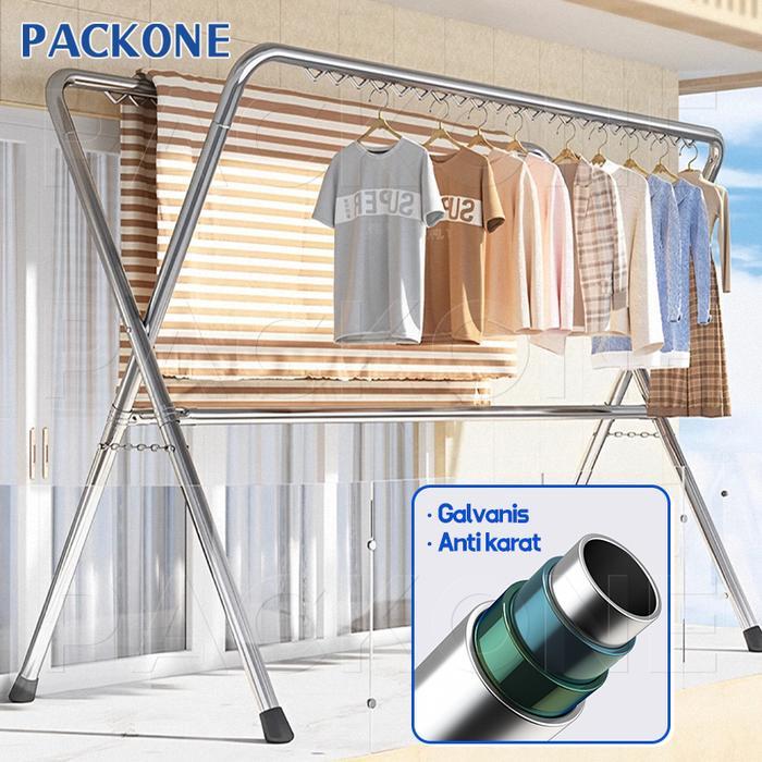 PACKONE Jemuran Baju Lipat Besi Galvanis / Anti Karat Kuat Portable Jemuran Baju Ada Pengait Hanger