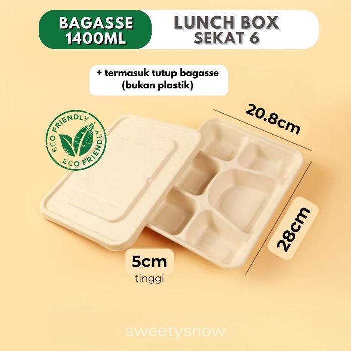 BAGASSE LUNCH BOX SEKAT 6 / BAGASSE 1400ml 5 SEKAT / lunch box eco friendly / Bagasse Lunchbox 6