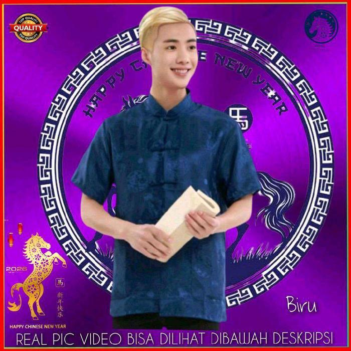 Kemeja Cheongsam Dewasa Pria Baju Imlek Cina Tradisional Qipao Biru