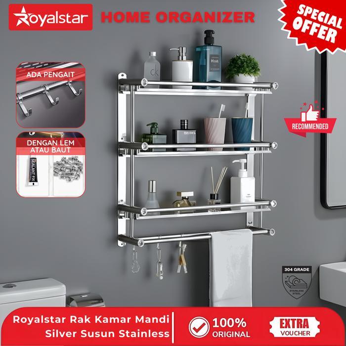 [SALE] Royalstar Rak Dinding Silver Sabun Handuk Kamar Mandi Dengan Lem / Baut Rak Stainless Steel 1
