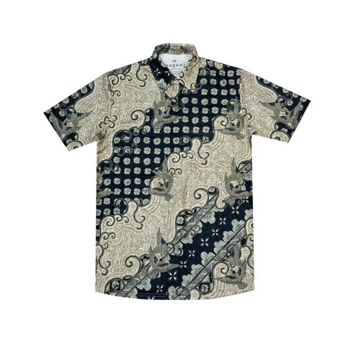 TERBARU Magani Kemeja Batik Lengan Pendek Magani Nosweat Flower Dunes Hitam Biru Slim Fit Casual