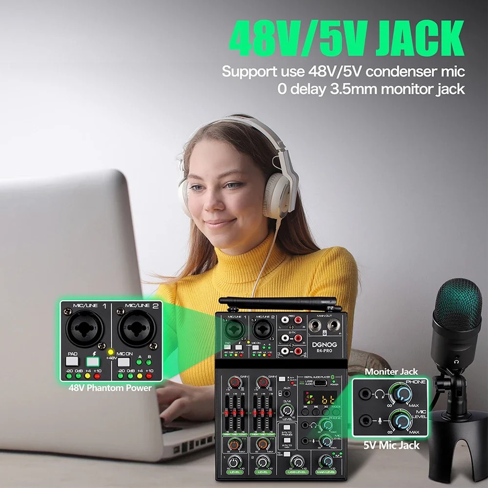 . 4 Channel Audio Mixer With Wireless Microphone Usb Sound Table -