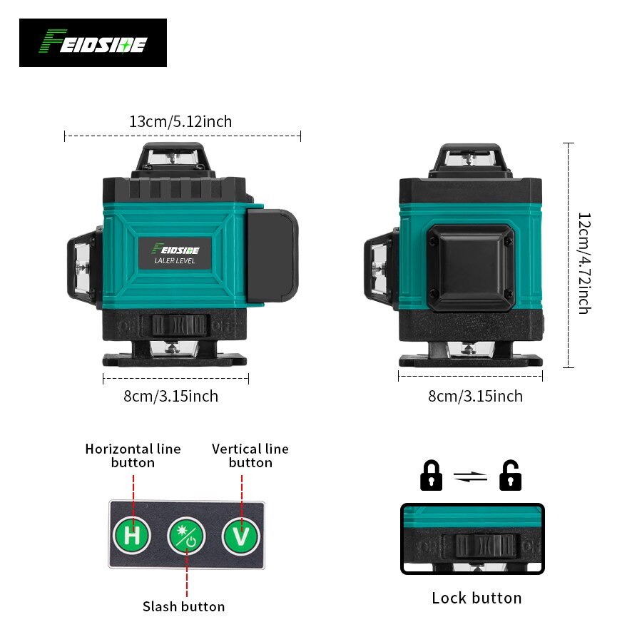 . Feidside 16/12 Lines 4D Laser Level Green Line Selfleveling 360 -