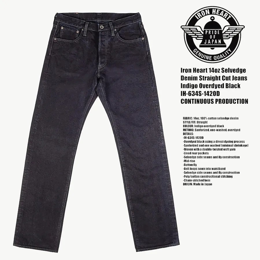 IRON HEART Sulfur Black 634s Double Dyed 14oz Denim Jeans