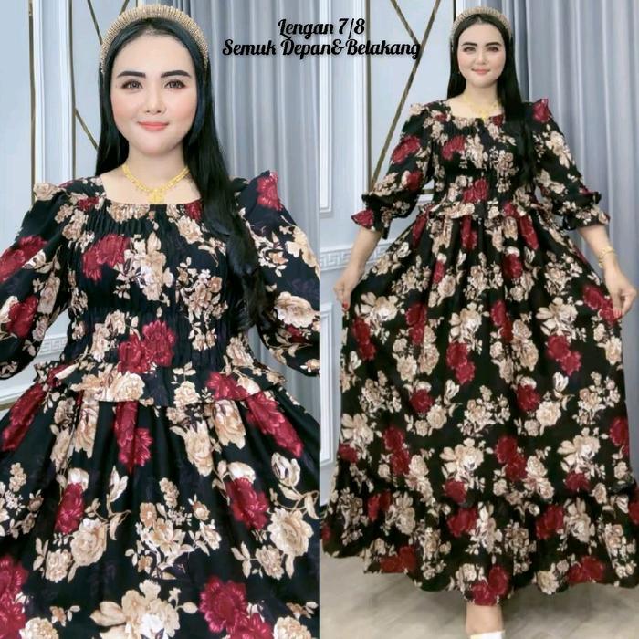 Dress Baju Casual Wanita Haruka Semuk Depan Belakang lengan 7/8 Katun Rayon Motif Bunga