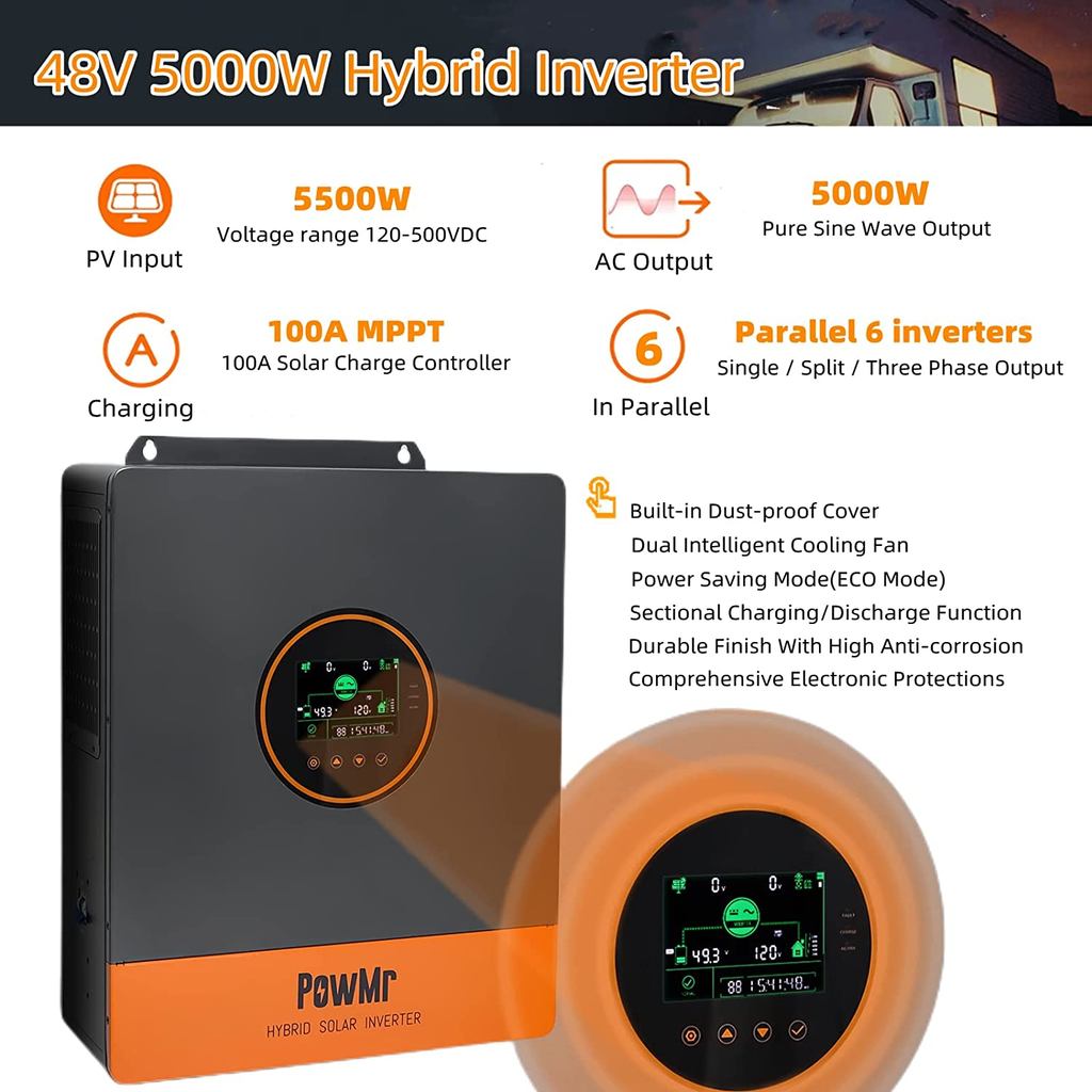 . Powmr 10Kw Hybrid Solar Inverter 48V To 120V 208V 240V Inverter Mppt -