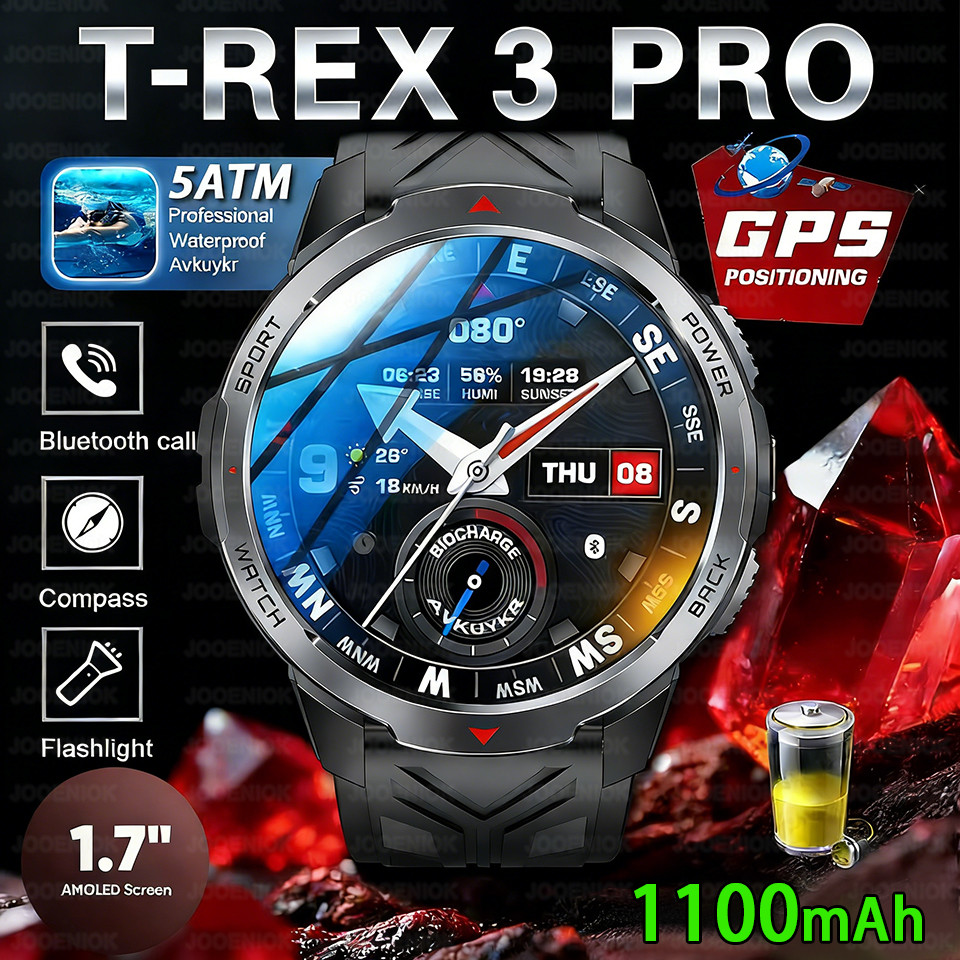 New T-Rex3 Pro 1100mAh Battery Smart Watch Men Compass 5ATM Waterproof Bluetooth Call Heart Rate