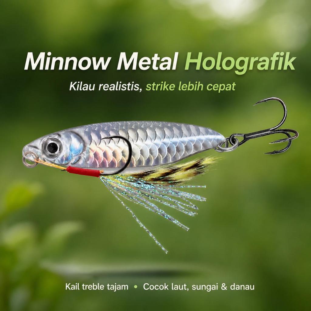 Umpan Pancing Ikan Minnow Metal Warna Perak Sisik Holografik dengan Kail Treble Bulu Kilau Tajam Ant