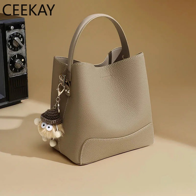 2026 New CEEKAY Khaki Leather Bucket Bag Minimalist Shoulder Bag with Cute Plush Pendant Casual