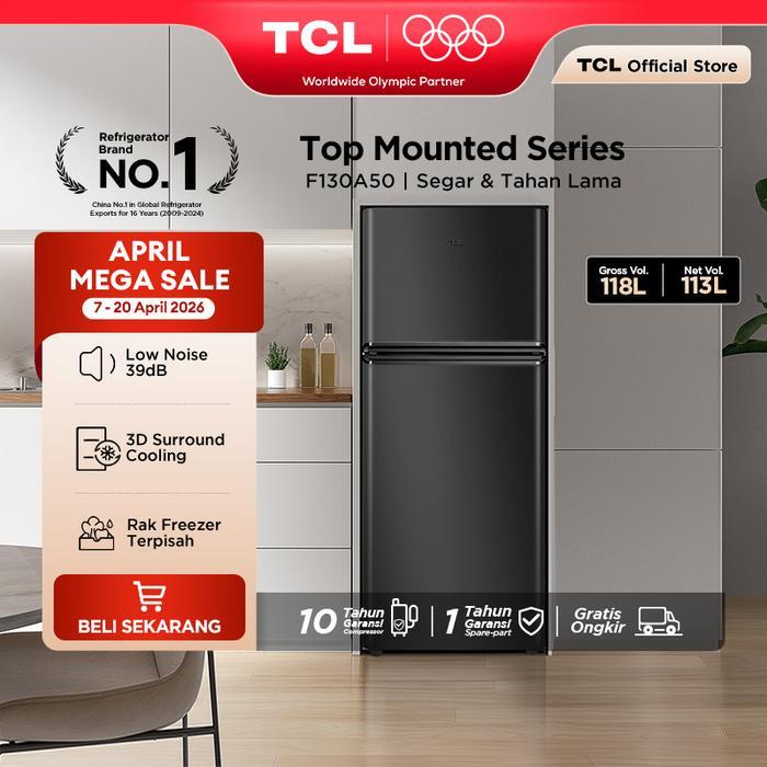 TCL Kulkas 2 Pintu (F130-A50) - Kapasitas 118L - Rak Freezer Terpisah - 3D Surround Cooling - Adjust