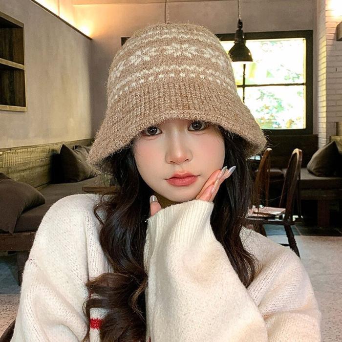 Topi Bucket Rajut Motif / Topi Wanita Korea Bisa Dilipat / Topi Cewe Buket Hat Winter / Topi Motif