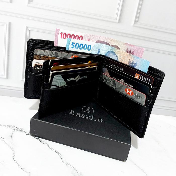 Dompet pria kulit trifold black mill smooth Laszlo genuine leather wallet 373L