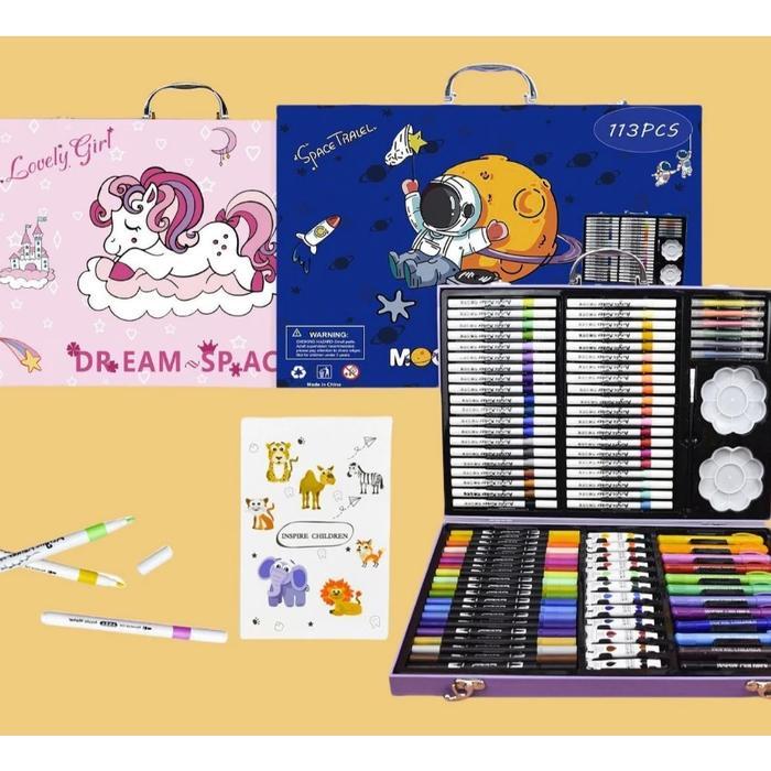 Crayon Set 113 Pcs Koper Alat Mewarnai Lengkap / Spidol Pensil Warna Cat Air Untuk Anak