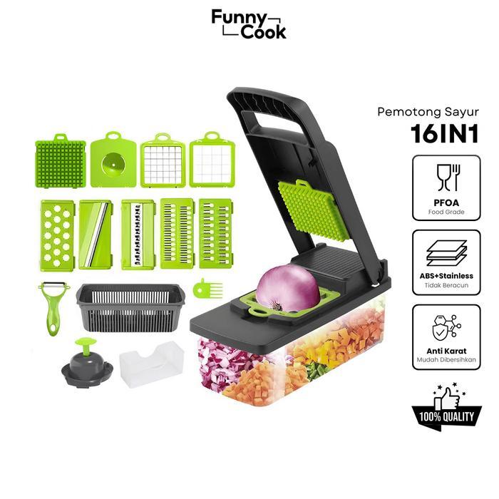 [16in1] Funnycook Parutan Sayur Buah 16in1 Pemotong Serbaguna Dengan Wadah Kitchenware