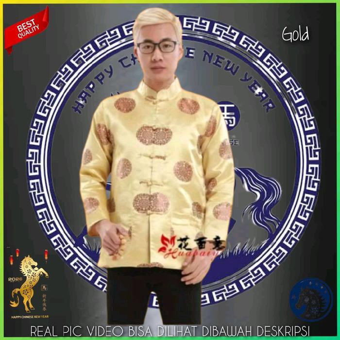 TM01036 Baju Cheongsam Atasan Imlek Pria Kemeja Cina Tradisional Hem Yin Li Laki Laki Qipao Gold