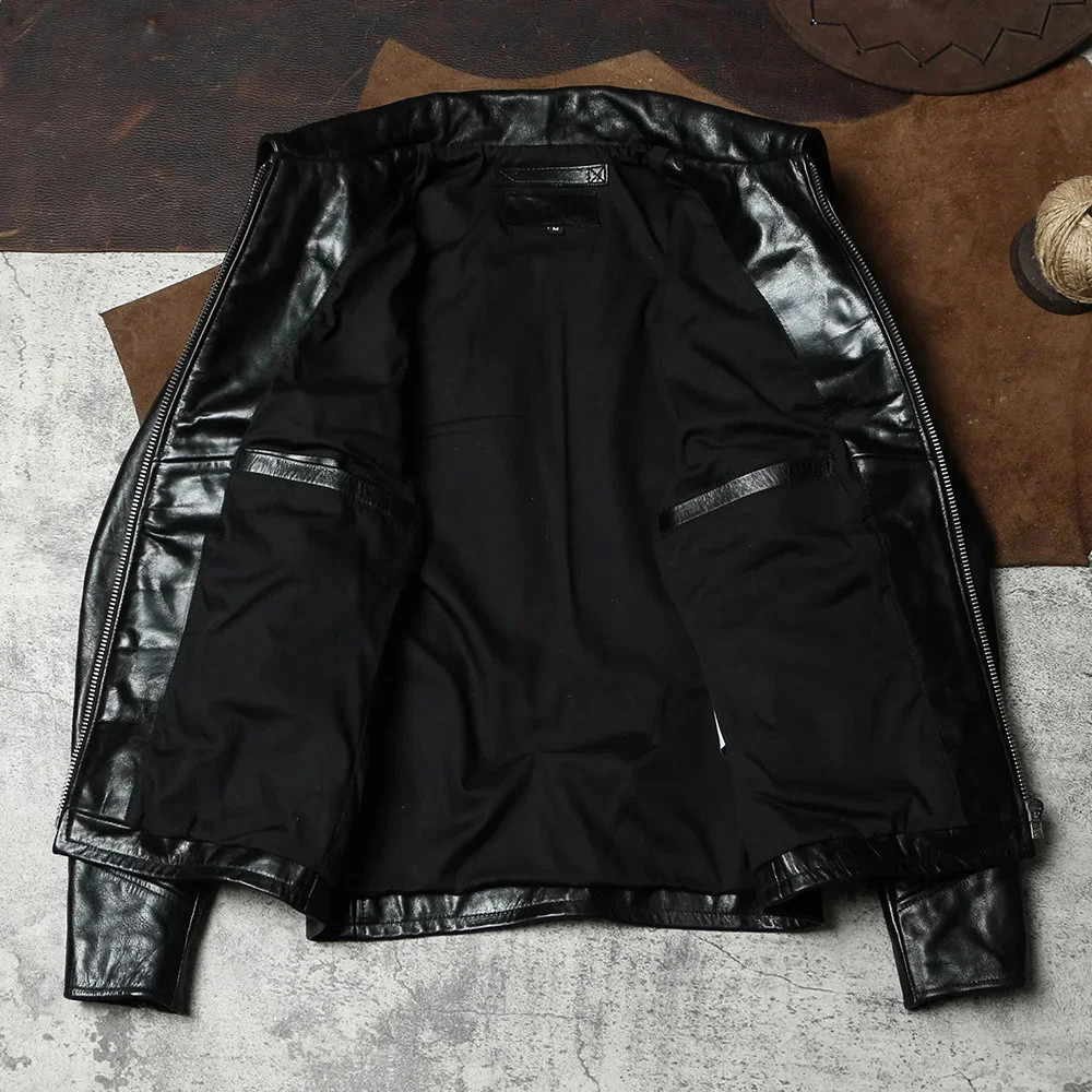 . .S.Japanese Vintage Cool Men Genuine Leather Coat.Black Wax Tanned Horsehide Jacket.Motor Rider