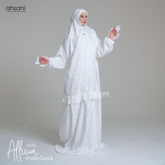 Mukena Ahsani Terusan Rocella Alium Putih Sutra Bordir Jumbo Umroh