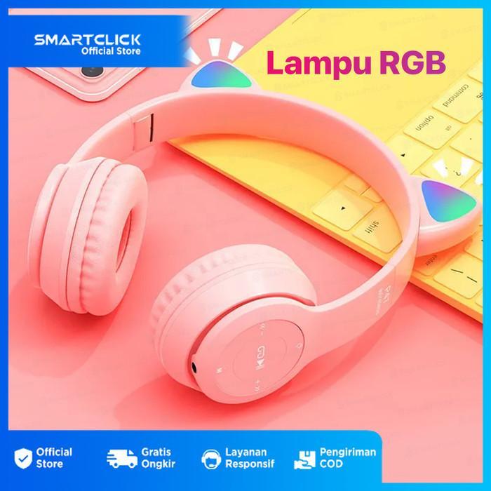 Headset Bluetooth Wireless LED Bass Telinga Kucing Stereo With Mic
