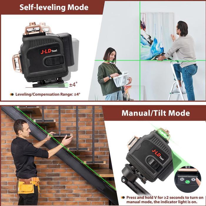 J.LD LASER LEVEL 4D LINE LASER LEVEL 16-LINE GREEN LASER TRIPOD HORIZONTAL VERTIKAL 360 DERAJAT SELF