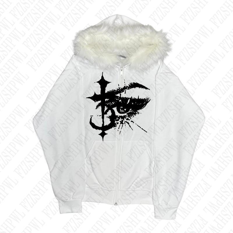 High street Aesthetics Graphic Print Y2K Zip up hoodie Hip Hop Faux Fur Collar Zipper Hoodie