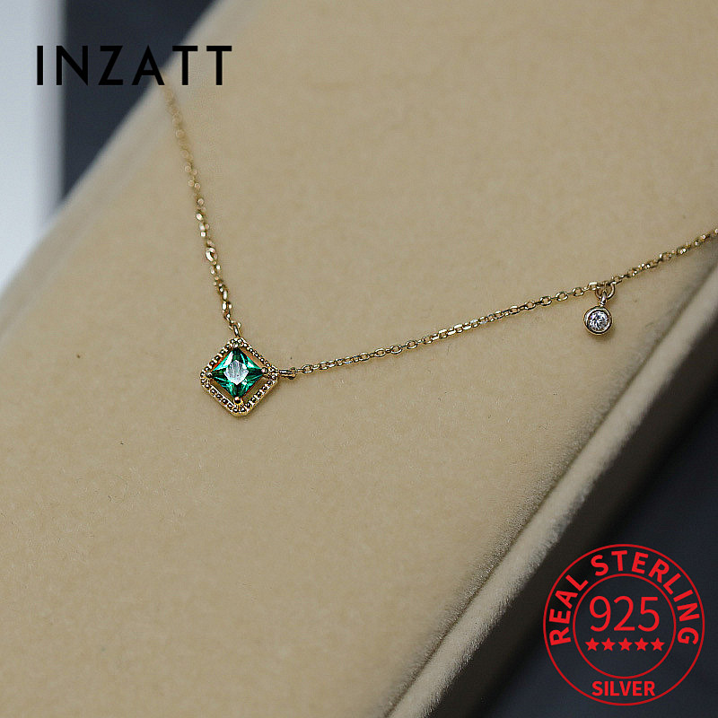 INZATT Light Luxury 925 Sterling Silver Plated 14K Gold Zircon Square Choker Necklace Female