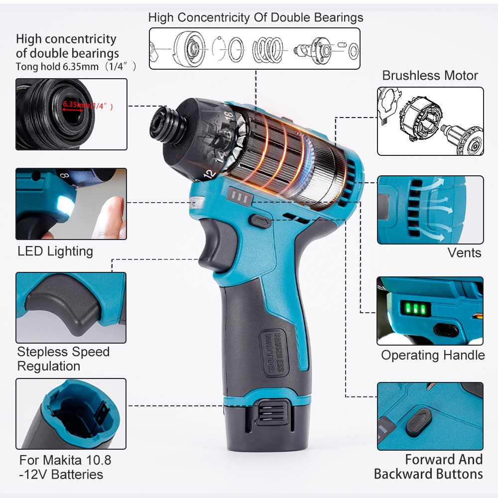 . Brushless Electric Screwdriver 12V Cordless Impact Drill Power Driver -