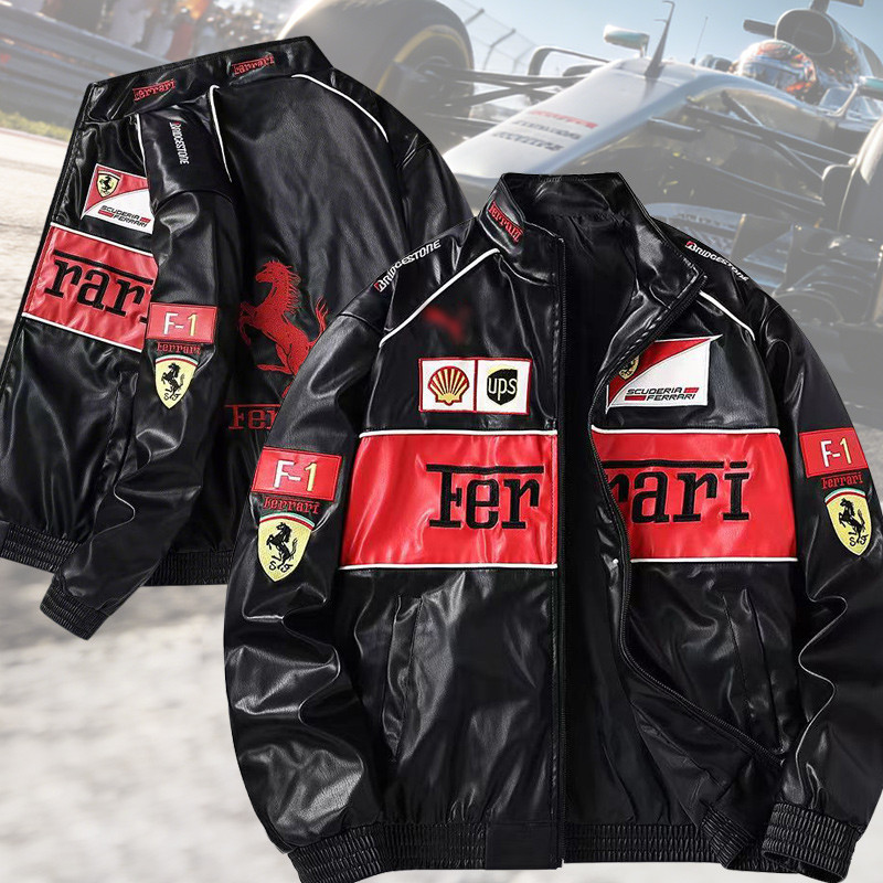 PU Leather Jacket Car Motorcycle Racing Jacket Embroidered Couple Jacket For Ferrari F430 Stradale