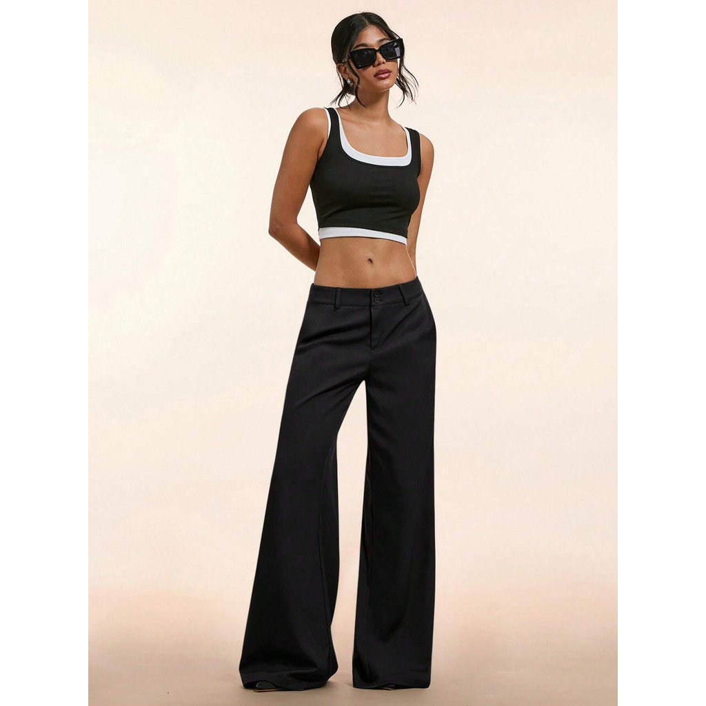 Women's Elegant Low Waist Personalized Slight Flared Leg Pants Casual Ribbed Wide Leg Mopping