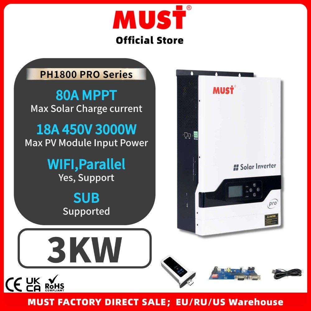 . Must Parallel 3Kw 450V Ph1800 Pro On Off Grid Hybrid Solar Inverter Mppt 80A 3000W Charge -
