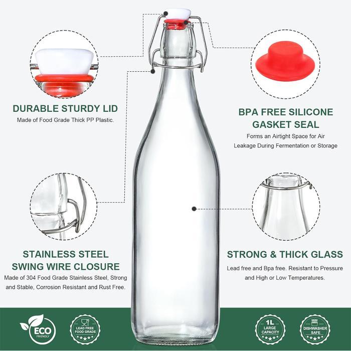 kitamani200 Classic Swing Top Glass Bottles 1L w/Marker & Labels - Clear Bottle with Caps for Juice,