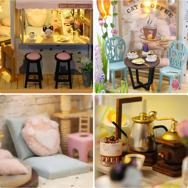 Wooden DIY Cat Cafe Garden Dollhouse Building Set, Miniature Backyard Scene Model Kit Craft Gift for