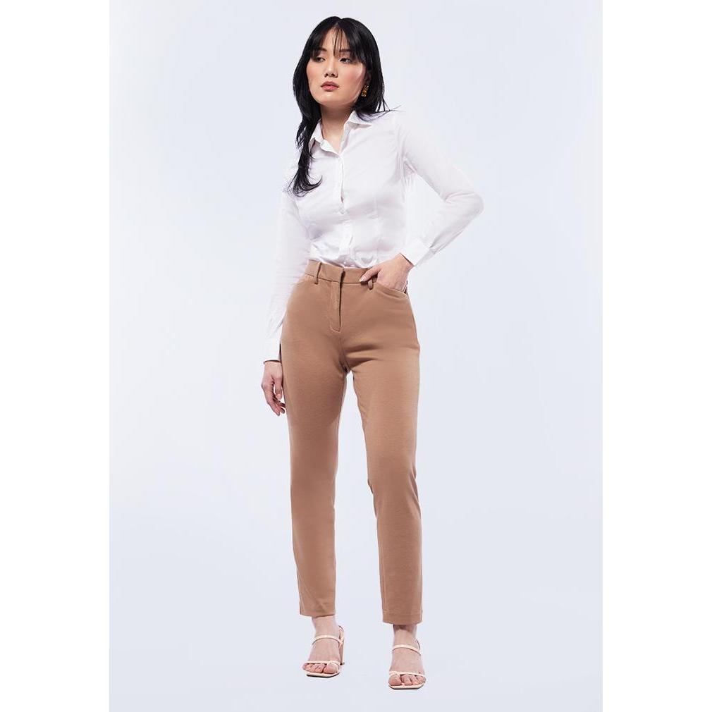 Executive Basic 4-Way Celana Panjang Wanita Skinny Fit Bahan Poly Spandex Warna Khaki Ukuran 26 Stre