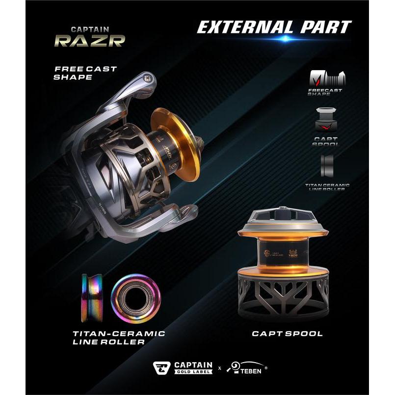 Reel Captain Razr Gold Label X Teben, 2000, 3000, 6000 Max Drag 10,10, 12Kg Ikan Pancing