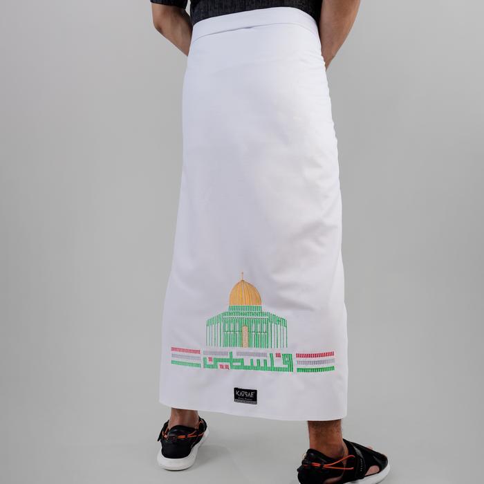 Katsae - Sarung Bordir Motif AL-QUDS PALESTINA 100% Timbul Sarung Pria Sarung Sholat Putih - PUTIH