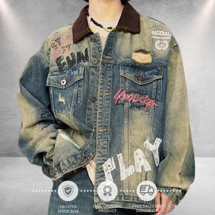 Lamlicka Ripped Jaket Denim Jacket Destroy Hand Painted Streetwear Import Branded Original Unisex