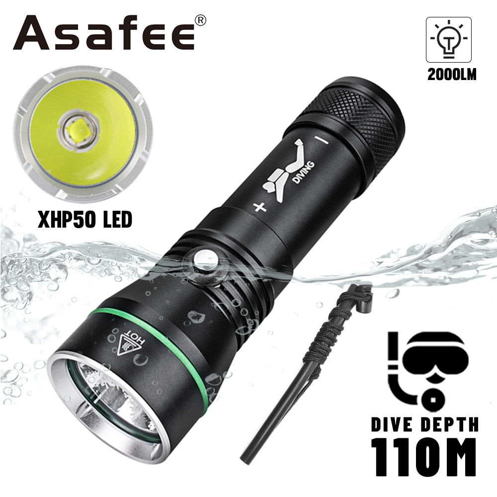 Asafee 110M Deep Diving Flashlight 2000 LM XHP50 LED Scuba Flashlight Press Switch Exploration Torch