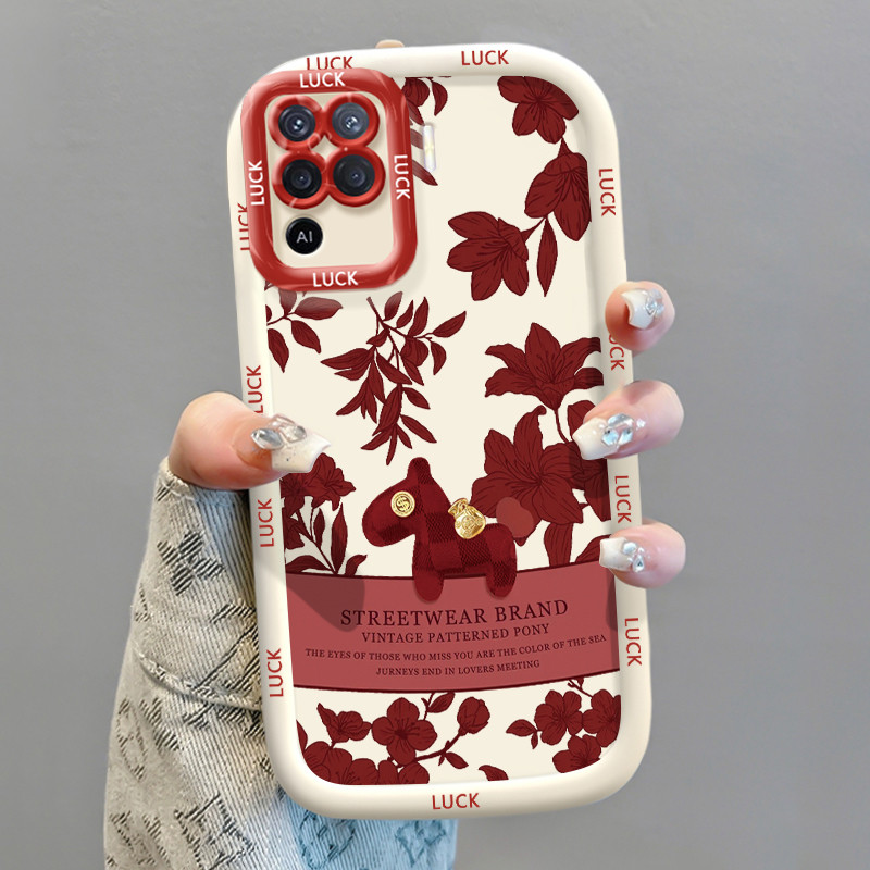 Casing Hp untuk OPPO A94 Reno 5F Reno5 F Reno 5 Lite F19 Pro Case Daun merah dan kuda kayu Kasing si