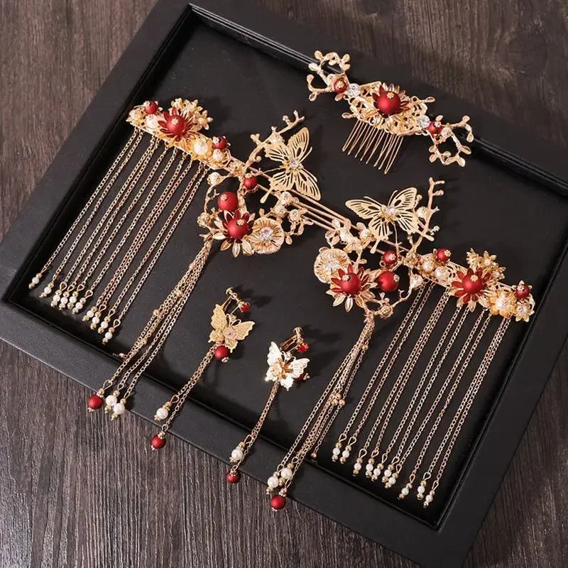 1 Set Xiuhe Headwear Accessories Chinese Hanfu Bridal Hair Accessories Set Tassel Dragon Phoenix