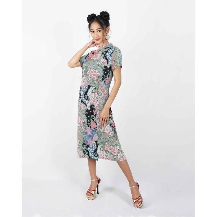 Wanita Bhatara Batik Dress Batik Wanita Model Cheongsam Lengan Pendek Katun Motif Print - Hitam, L B
