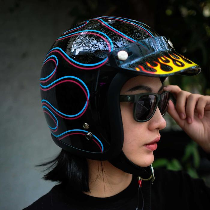 Epic Veil Slim Head EV-500 Open Face Black Kalcer Flame List Silver Helm Half Face SNI