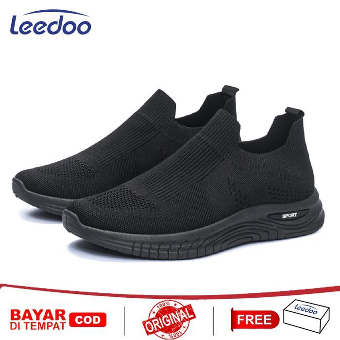 Leedoo Sepatu Slip On Flat Pria Model Kasual Sepatu Sneakers Cowok Shoes Olahraga Antislip Hitam