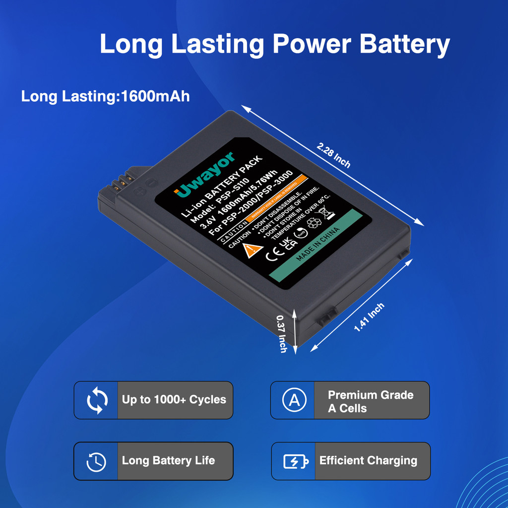 UWayor PSP 3000/2000 Battery 1600mAh with PSP Charger Cable for PSP3000/PSP2000, PSP-3001, PSP-3000,