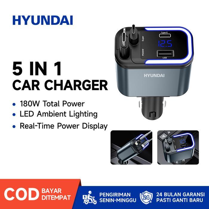 HYUNDAI 5-In-1 Bluetooth Car Kit 180W Fast Charger Mobil Cable Type-C & iphone Lighting Retractable