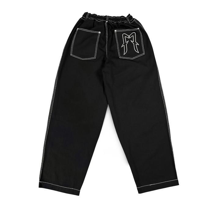 Flame Everyday Celana Baggy Babybong Denim Black Jet 14oz Oversize Hitam Bordir Panjang