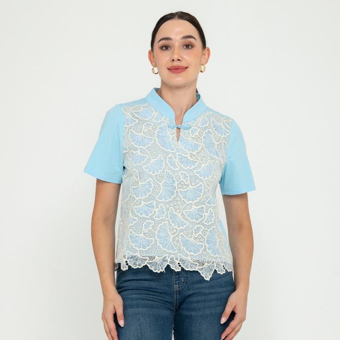 Blus Cheongsam Atasan Wanita Katun Kombi Kaos Biru Muda