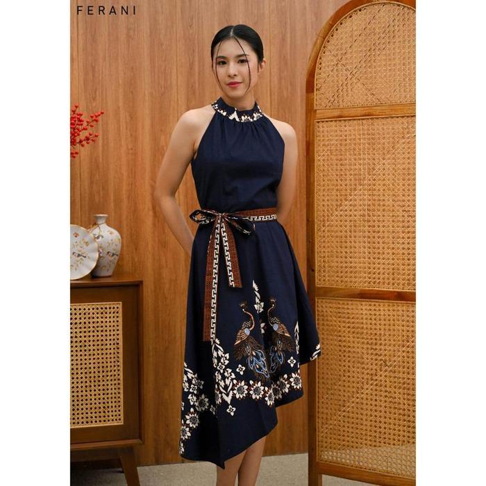 Evercloth Ferani Batik Dress Batik Modern Motif Burung Hong Bahan Cotton Stretch Model Turtle Neck H
