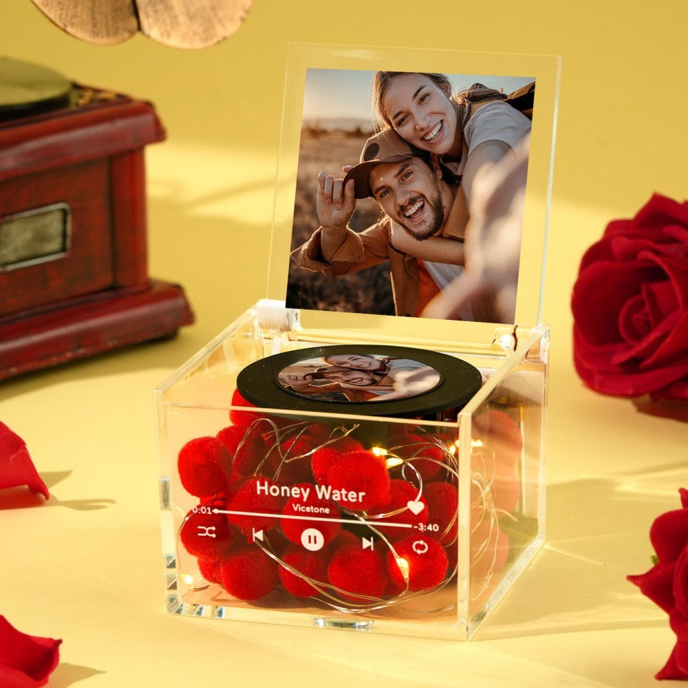 Custom Valentine Day Mini Vinyl Record Player Photo and Light Personalized Music Acrylic Box Desk