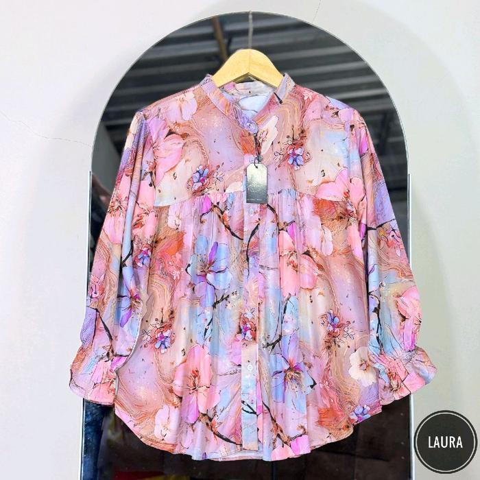 PROMO SANIA Alisa Blues Kemeja Wanita Rayon Motif Bunga Elegan dan Nyaman untuk Tampilan Harian