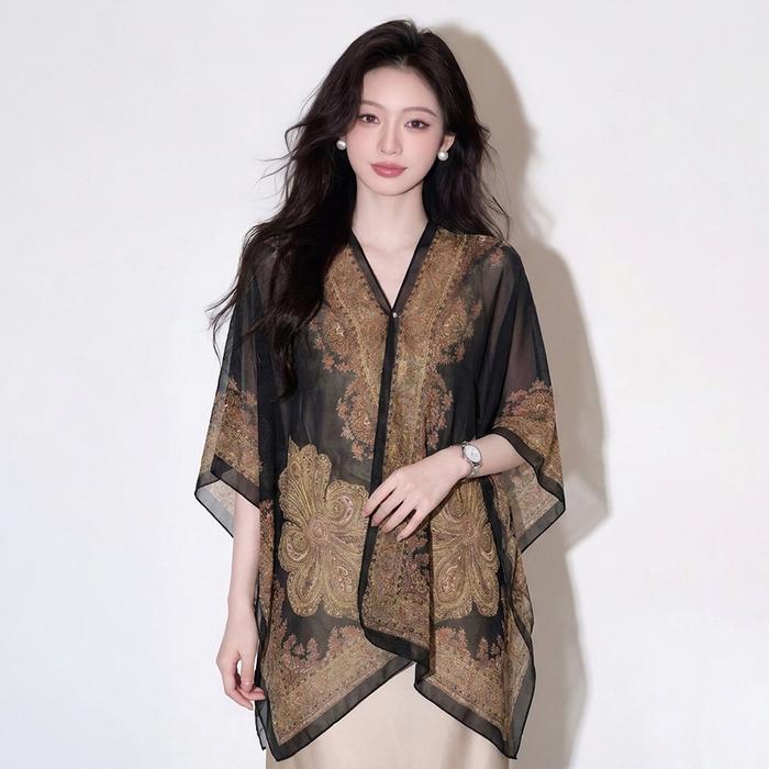 Cardigan Wanita Syal Sutra Serbaguna Selendang Motif Bunga Mutiara Pelindung Uv Outer Pantai Elegan